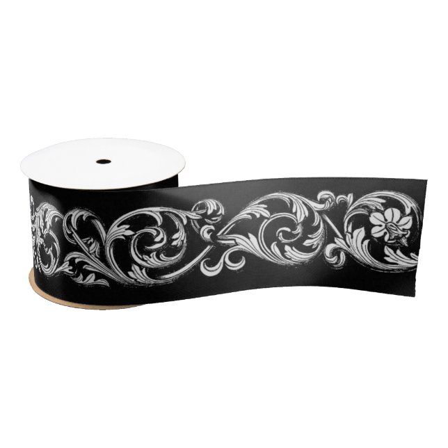 Gothic trim schwarz-weiß ornamental scroll satinband (Spule)