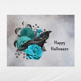 Gothic Türkis Florale Krähen Halloween Feiertagspostkarte
