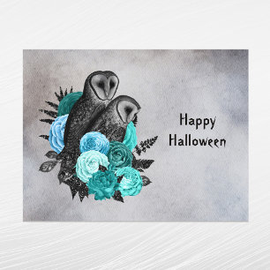 Gothic Türkisblau Florale Eulen Halloween Feiertagspostkarte