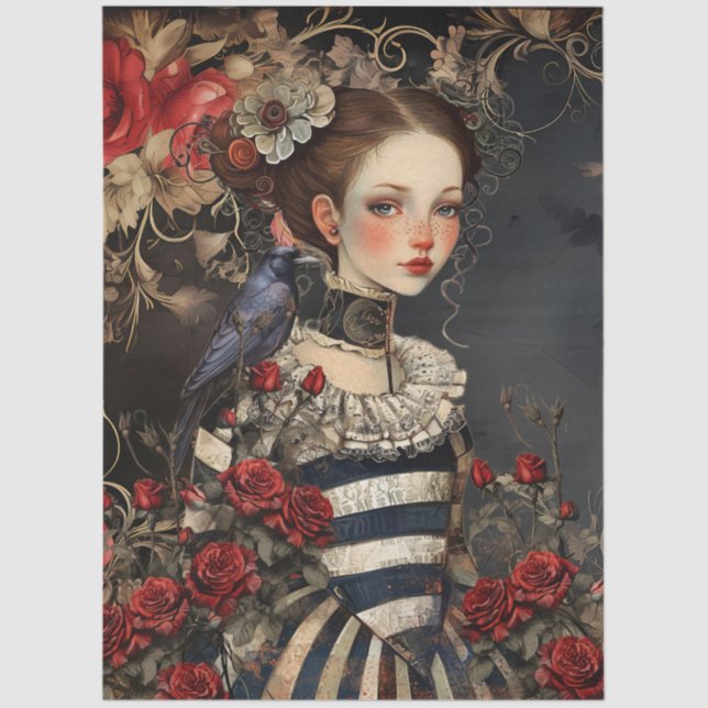Gothic Valentine Girl & Raven w/ Red Roses Seidenpapier (Vorderseite)