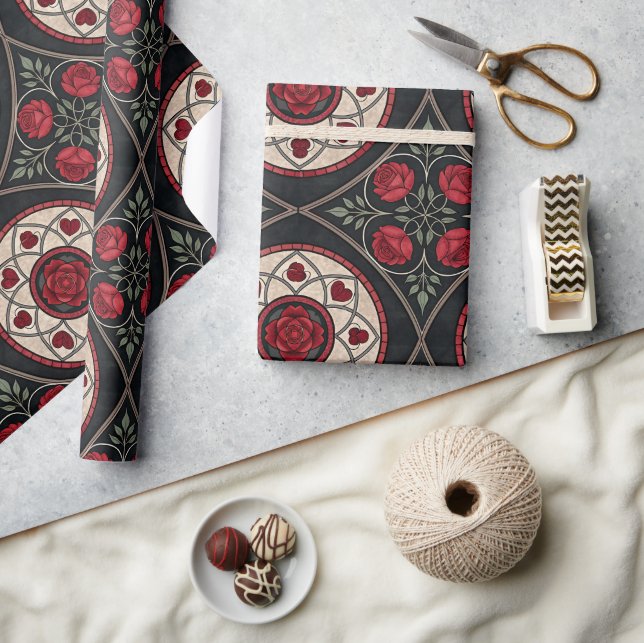 Gothic Valentine Red Roses Geschenkpapier (Kunsthandwerk)