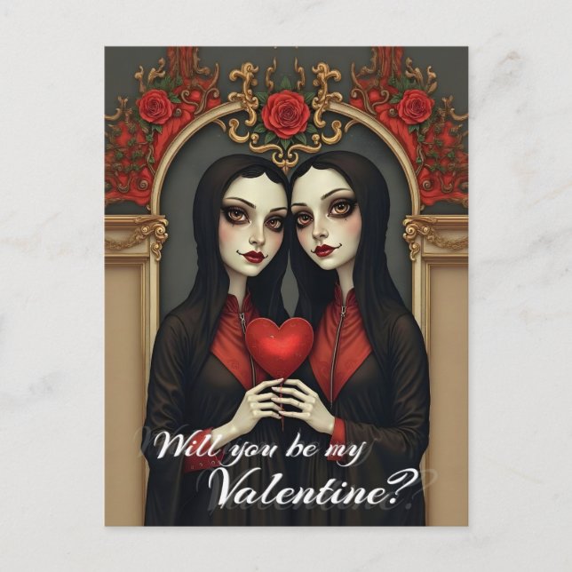 Gothic-Valentins-Zwillinge mit rotem Herzen Postkarte (Vorderseite)