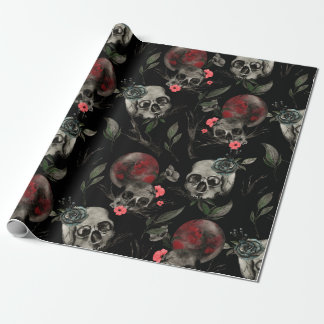 Gothic Valentinstag Red Black Rose Skulls Geschenkpapier