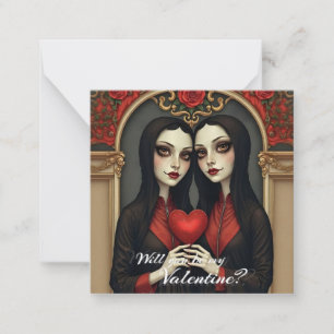 Gothic-Valentinszwillinge mit rotem Herzen Mitteilungskarte