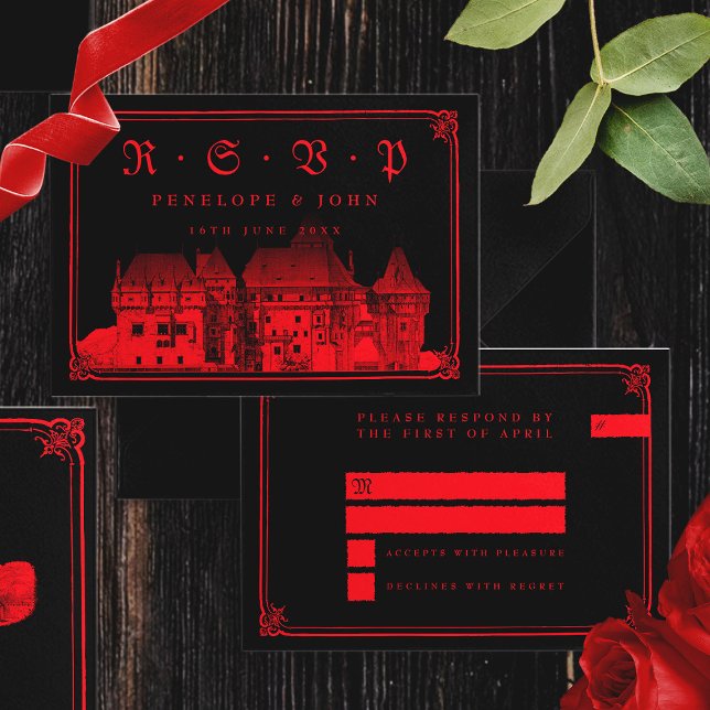 Gothic Vampire Castle Border Black Red Wedding RSVP Karte (Gothic Vampire Castle Border Black Red Wedding RSVP Card)