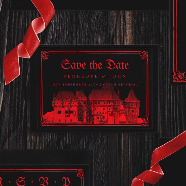 Gothic Vampire Castle Border Black Red Wedding Save The Date (Gothic Vampire Castle Border Black Red Wedding Save The Date)