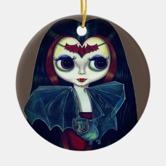 Gothic Vampire Girl mit Bat Big Eyes Niedlich Keramik Ornament (Vorne)