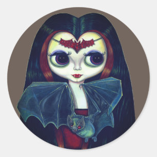 Gothic Vampire Girl mit Bat Big Eyes Niedlich Runder Aufkleber