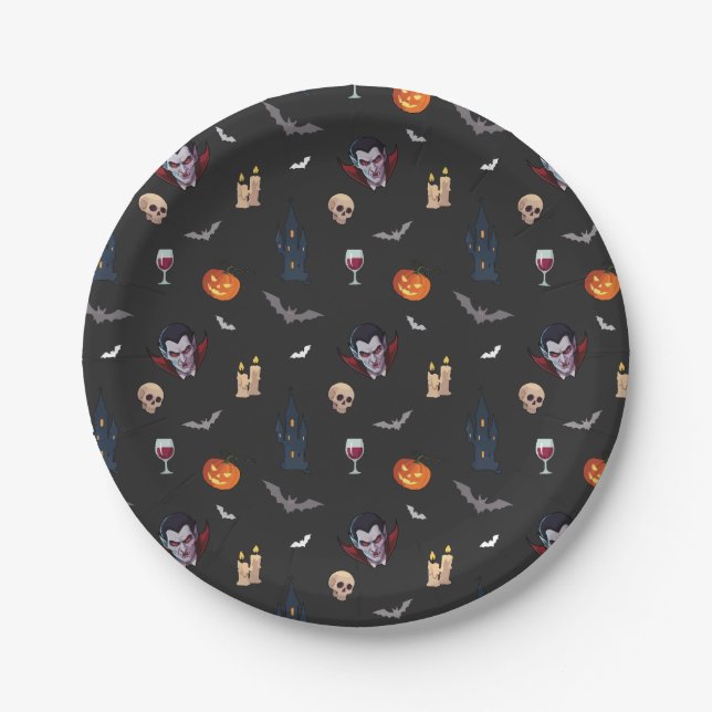 🧛 ‍ ♂️ Gothic Vampire Halloween Black Paper Plate Pappteller (Vorderseite)