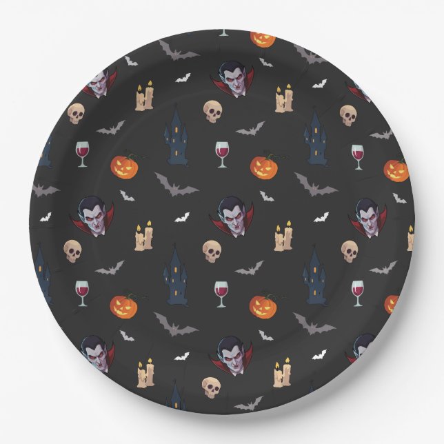 🧛 ‍ ♂️ Gothic Vampire Halloween Black Paper Plate Pappteller (Vorderseite)