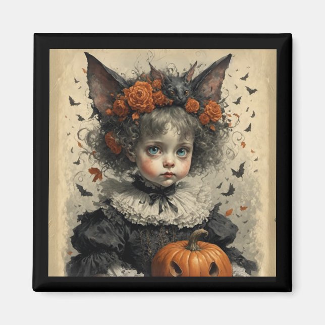 Gothic Victorian Girl Bat Ears & Pumpkin Halloween Magnet (Vorne)