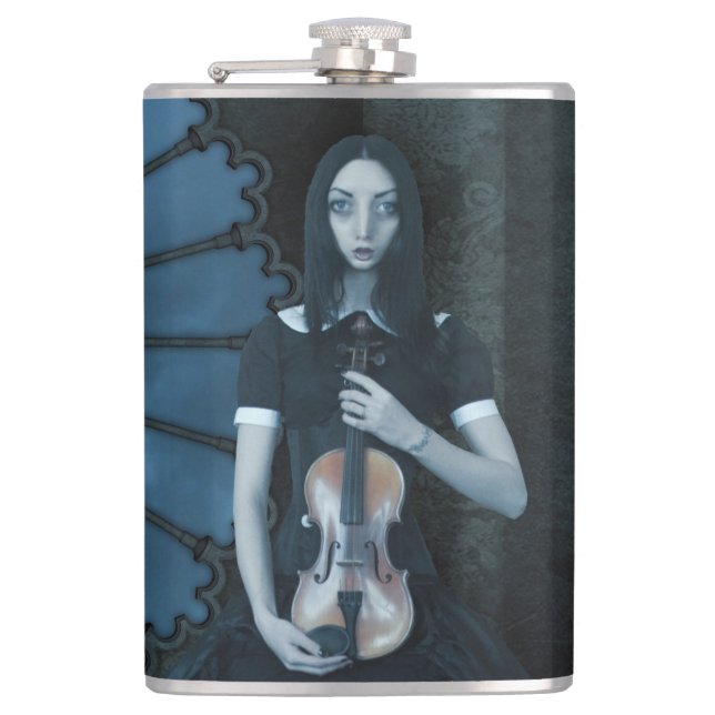 Gothic Viktorianisch Girl Holding Violin Dark Fant Flachmann (Vorderseite)