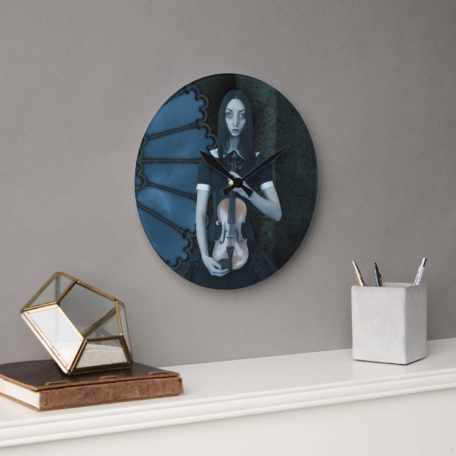 Gothic Viktorianisch Girl Holding Violin Dark Fant Große Wanduhr (Büro)