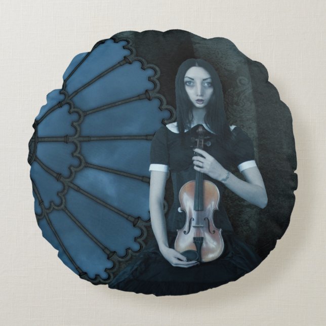 Gothic Viktorianisch Girl Holding Violin Dark Fant Rundes Kissen (Vorderseite)