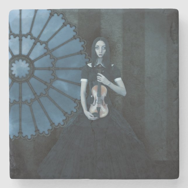 Gothic Viktorianisch Girl Holding Violin Dark Fant Steinuntersetzer (Vorderseite)