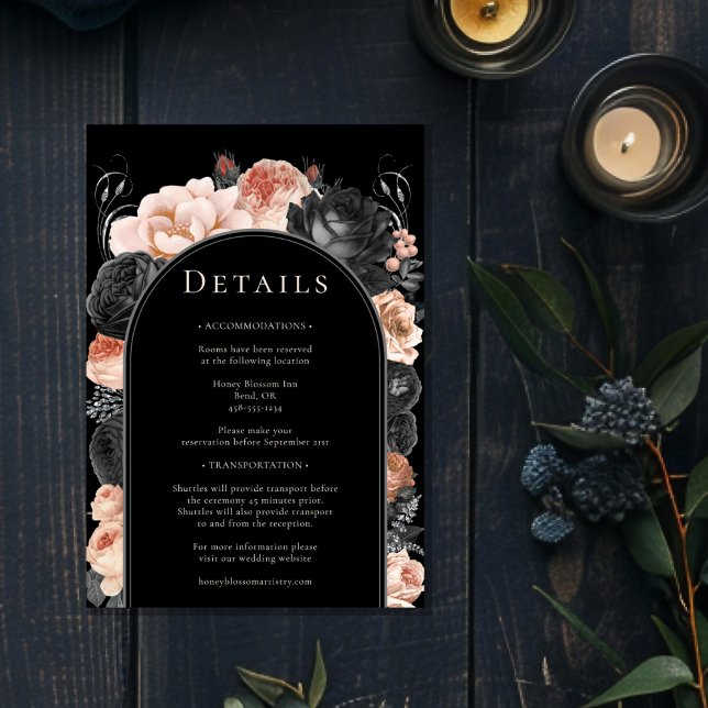 Gothic Vintag Black Blush Arch Wedding Details Begleitkarte (Von Creator hochgeladen)