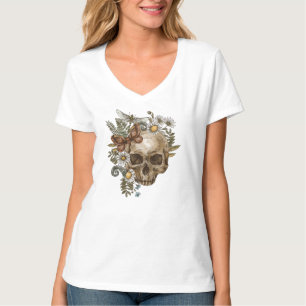 Gothic Vintag Blume Schädel und Schmetterlinge T-Shirt