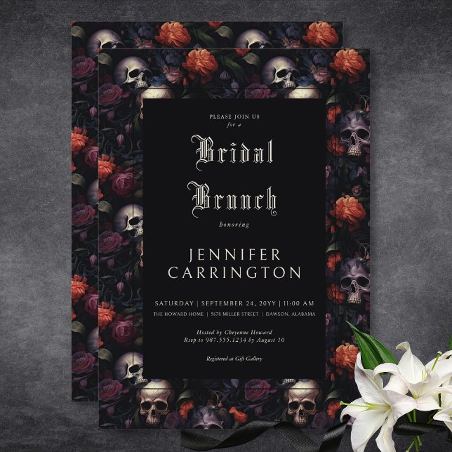 Gothic Vintag Floral & Skulls Bridal Brunch Einladung (Gothic Vintage Floral & Skulls Bridal Brunch Invitation)