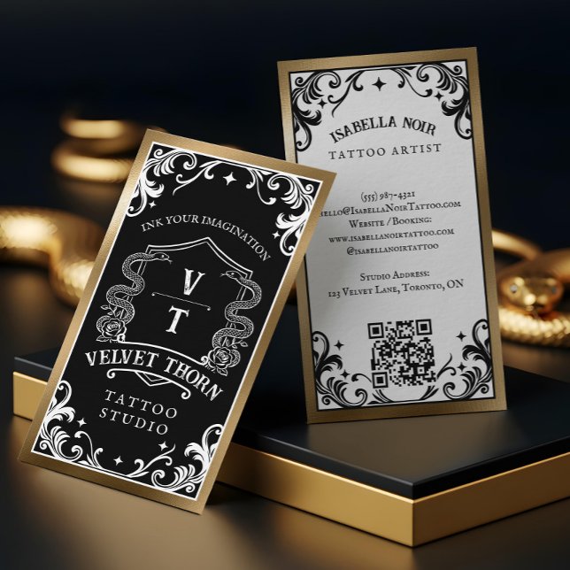Gothic Vintage Black Gold Tattoo Artist Monogram Visitenkarte (Gothic Vintage Black Gold Tattoo Artist Monogram Business Card)