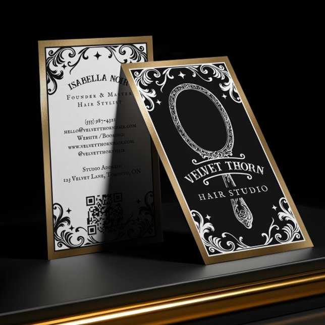 Gothic Vintage Hairstylist Schönheitssalon Schwarz Visitenkarte (Gothic Vintage Hair Stylist Beauty Salon Black Bus Business Card)