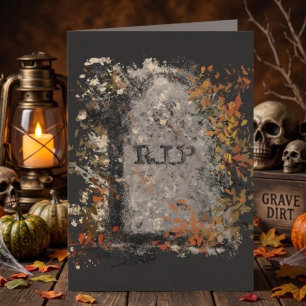 Gothic Vintage R.I.P. Grabstein und Herbstlaub Karte