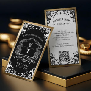 Gothic Vintage Schwarz Gold Tattoo Künstler Monogr Visitenkarte