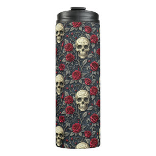 Gothic Vintage-Totenkopf und rote Rosen floral Thermosbecher
