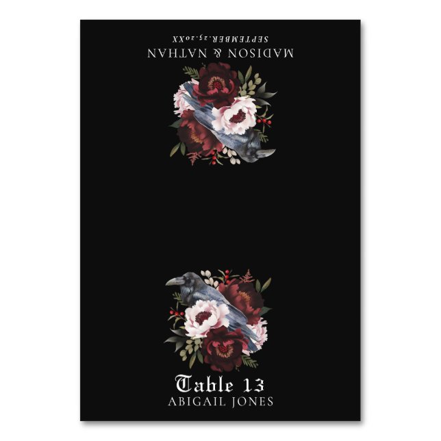 Gothic Watercolor Raven Floral Wedding Platzkarte Tischnummer (Vorderseite)