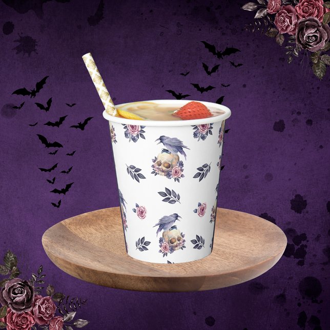 Gothic Watercolor-Schädel Rose & Raven Design Pappbecher (Von Creator hochgeladen)
