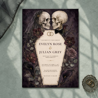 Gothic Watercolor Totenkopf-Paar Halloween-Hochzei Einladung