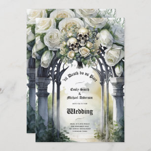 Gothic Wedding Black and White Roses Skulls Bloral Einladung