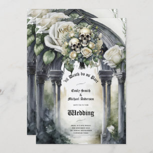 Gothic Wedding Black and White Roses Skulls Bloral Einladung