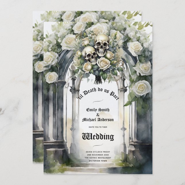 Gothic Wedding Black and White Roses Skulls Bloral Einladung (Vorne/Hinten)