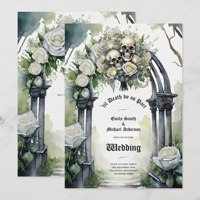 Gothic Wedding Black and White Roses Skulls Bloral Einladung (Vorne/Hinten)