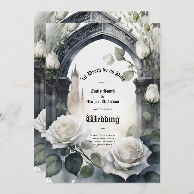Gothic Wedding Black and White Roses Skulls Bloral Einladung (Vorne/Hinten)