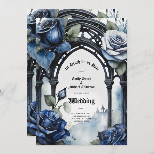 Gothic Wedding Black Blue Rose Arch Alternative Einladung (Vorne/Hinten)
