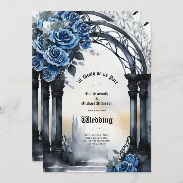 Gothic Wedding Black Blue Rose Arch Alternative Einladung (Vorne/Hinten)