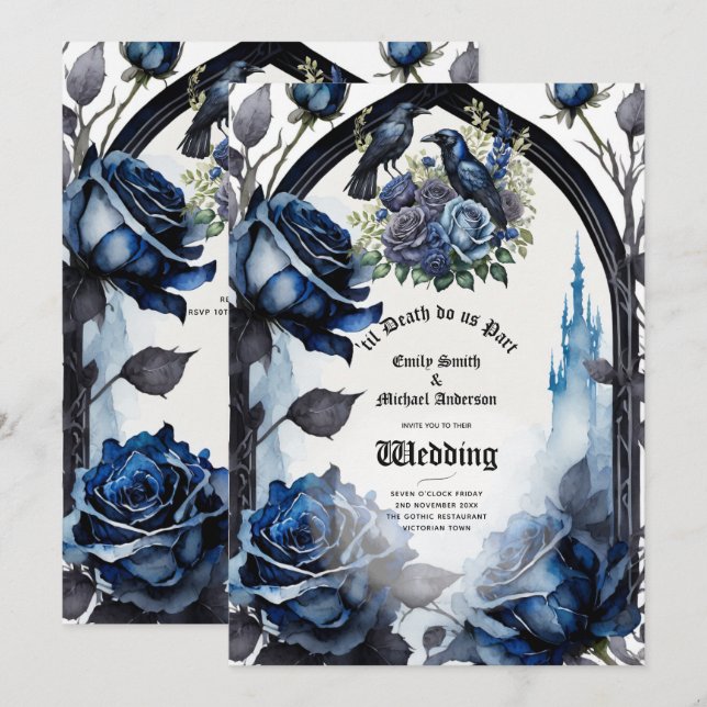Gothic Wedding Black Blue Rose Ravens Einladung (Vorne/Hinten)