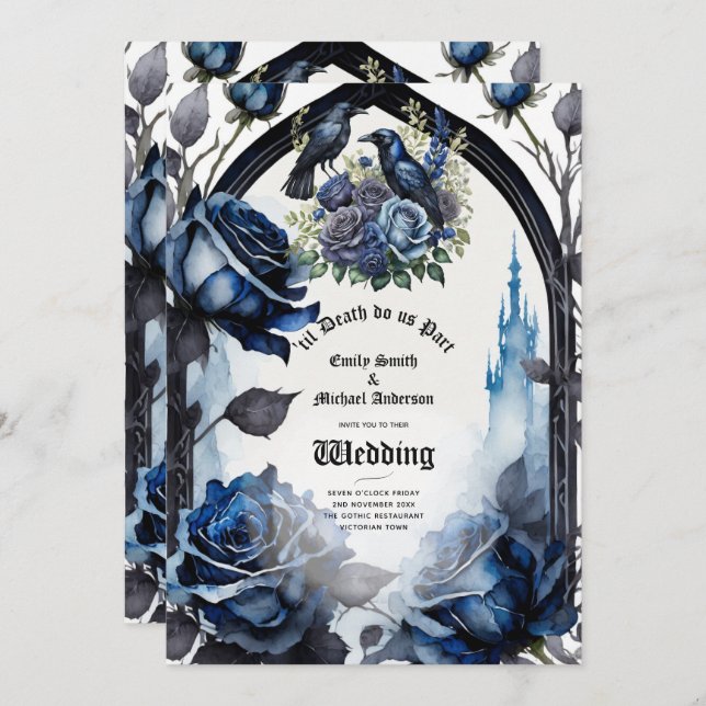 Gothic Wedding Black Blue Rose Ravens Einladung (Vorne/Hinten)