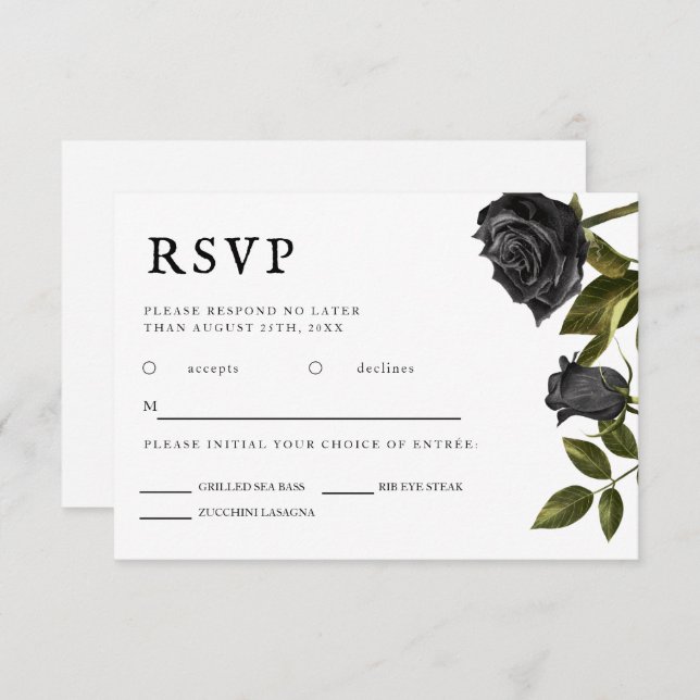 Gothic Wedding Black Rose Meal Choice RSVP Karte (Vorne/Hinten)