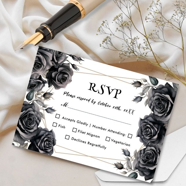 Gothic Wedding Black Roses Floral RSVP Cards (Von Creator hochgeladen)