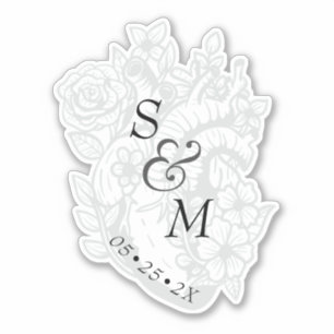 Gothic Wedding Date White Spooky Heart Monogram Aufkleber