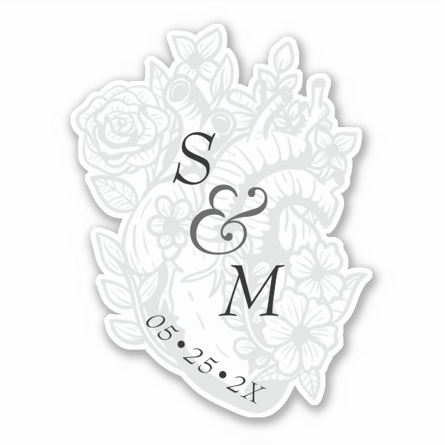 Gothic Wedding Date White Spooky Heart Monogram Aufkleber (Vorderseite)