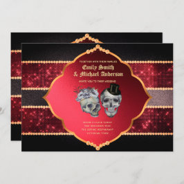 Gothic Wedding Deep Red Gray Gold Skulls Einladung