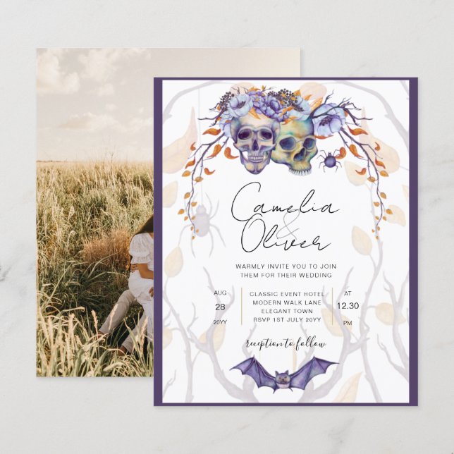 Gothic Wedding Einladung Lila Orange Skulls (Vorne/Hinten)
