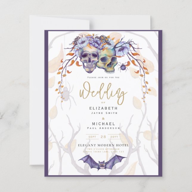 Gothic Wedding Einladung Lila Orange Skulls (Vorderseite)