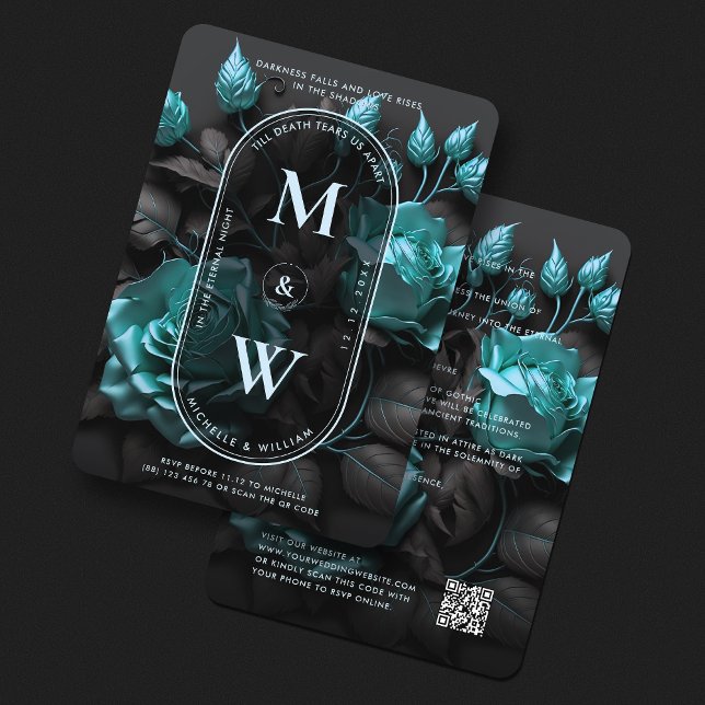 Gothic Wedding Elegante Aquamarin Blue Rose Boho Einladung (Gothic Wedding Elegant Teal Blue Floral Boho Invitation
)