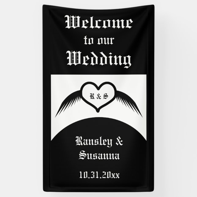 Gothic Wedding Flügelherz Mit Monogramm Banner (Vertikal)
