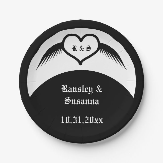 Gothic Wedding Flügelherz Mit Monogramm Pappteller (Vorderseite)