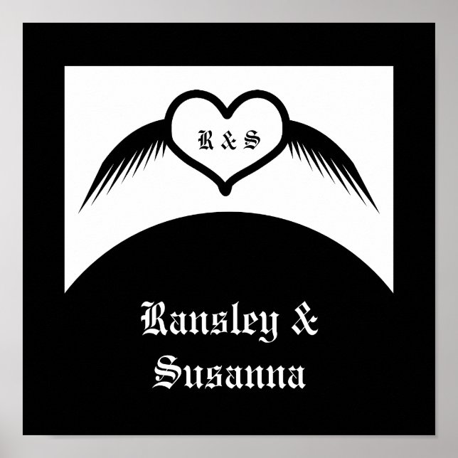 Gothic Wedding Flügelherz Mit Monogramm Poster (Vorne)